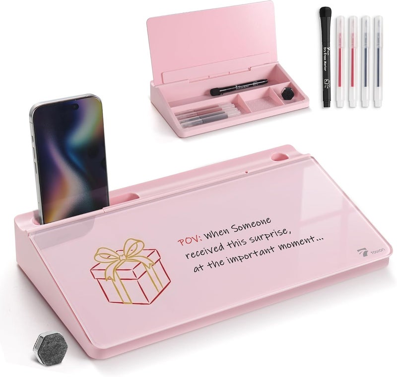 TOWON Small Compact Glass Desktop Whiteboard with Storage – 12 x 7 in Dry Erase Board for Desk, Home Office, School | Includes 5 Markers, Eraser & Holder | Space-Saving Organizer, Aesthetic Pink - Image 1